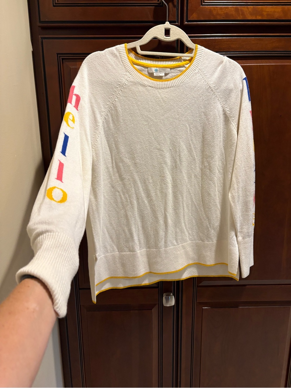 Boden Cream Crewneck Sweater with Multicolor Sleeve Letters - M - Picture 2 of 6